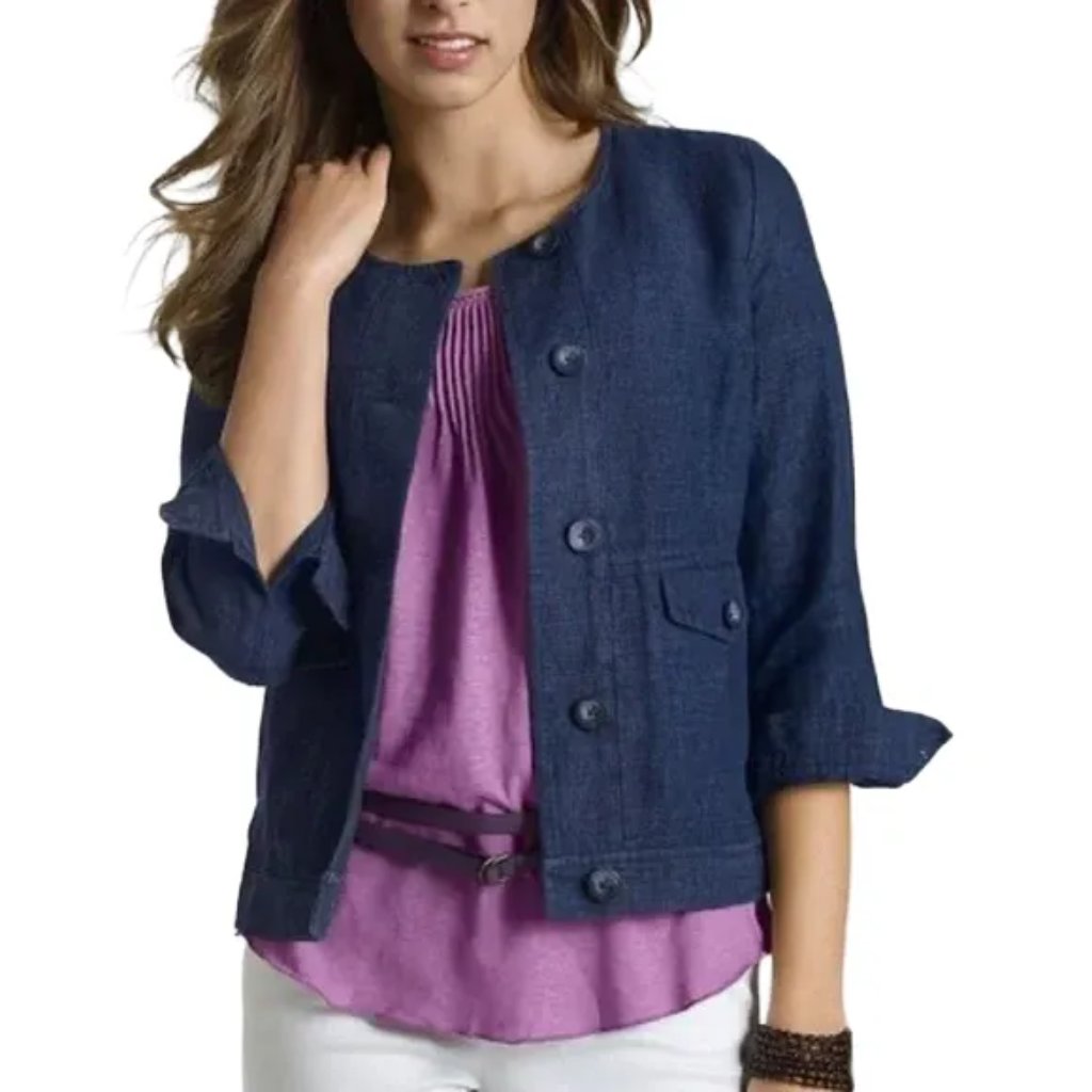 J.Jill 100% Linen 3/4 Sleeve Button Front Jacket In Denim Blue Sz 6